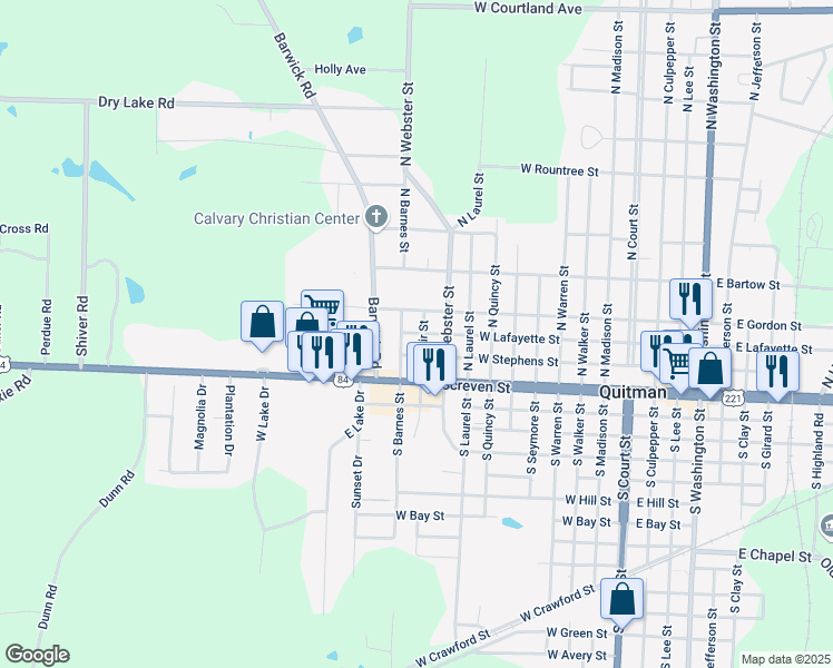 map of restaurants, bars, coffee shops, grocery stores, and more near 1004 West Lafayette Street in Quitman