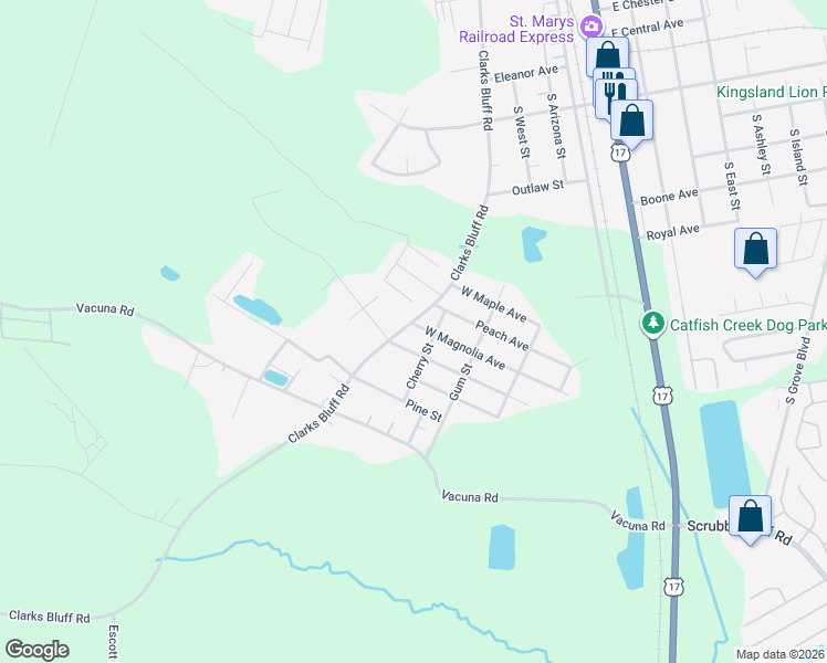 map of restaurants, bars, coffee shops, grocery stores, and more near 465 Clarks Bluff Road in Kingsland