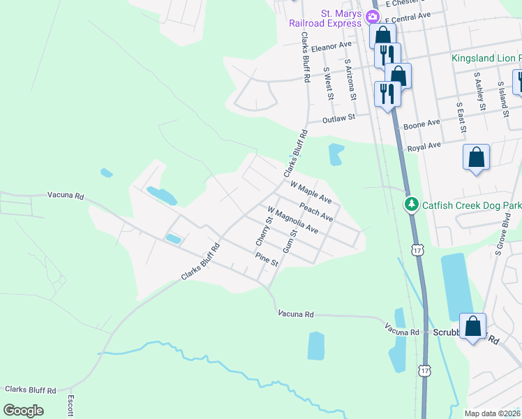 map of restaurants, bars, coffee shops, grocery stores, and more near 465 Clarks Bluff Road in Kingsland