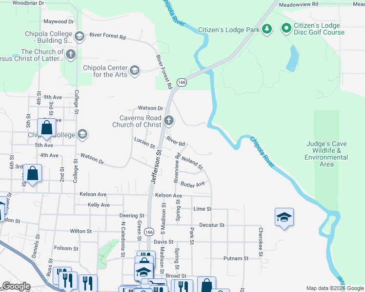 map of restaurants, bars, coffee shops, grocery stores, and more near 4448 River Rd in Marianna