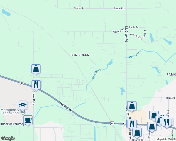 map of restaurants, bars, coffee shops, grocery stores, and more near 4632 Lake Woods Drive North in Semmes