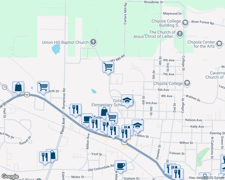 map of restaurants, bars, coffee shops, grocery stores, and more near 4225 Hospital Drive in Marianna