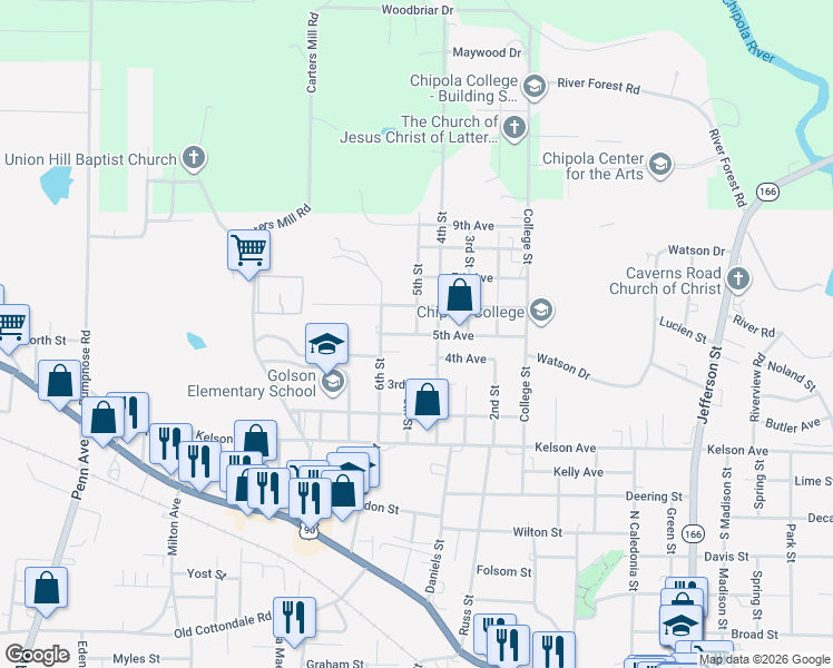 map of restaurants, bars, coffee shops, grocery stores, and more near 5th Street in Marianna