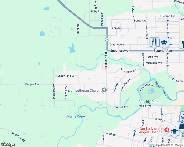 map of restaurants, bars, coffee shops, grocery stores, and more near 1125 Oakwood Drive in Bogalusa