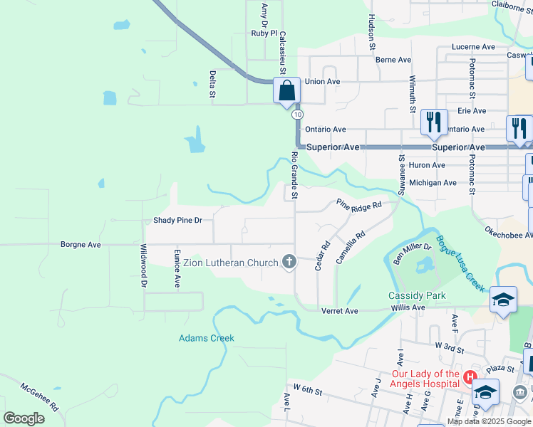 map of restaurants, bars, coffee shops, grocery stores, and more near 1125 Oakwood Drive in Bogalusa