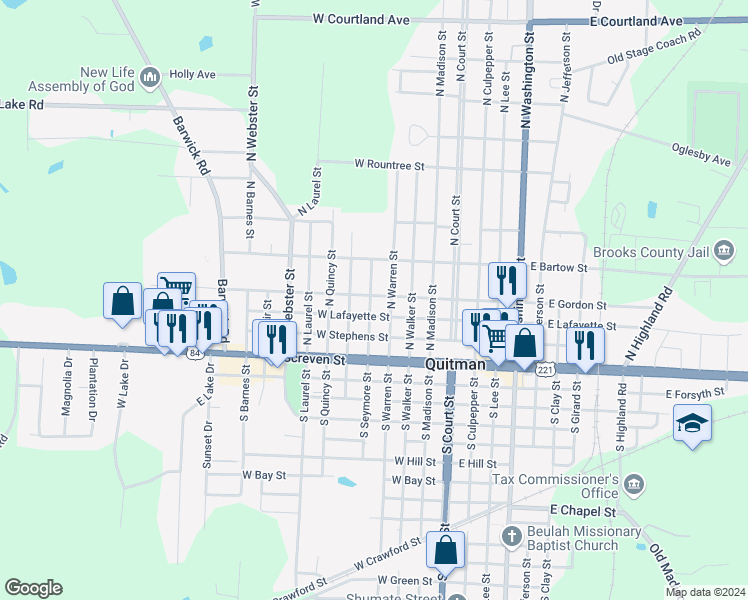 map of restaurants, bars, coffee shops, grocery stores, and more near 410 West Gordon Street in Quitman