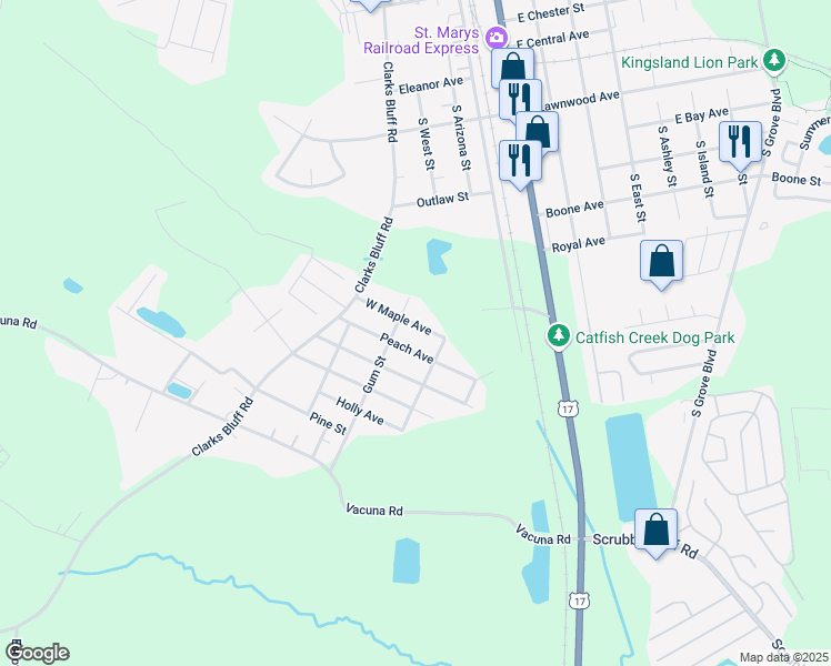 map of restaurants, bars, coffee shops, grocery stores, and more near 177 W Maple Ave in Kingsland