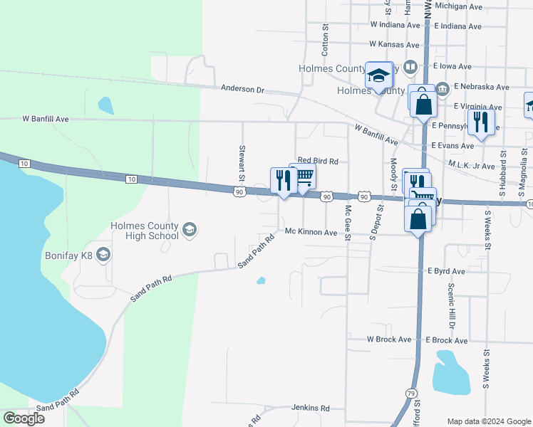 map of restaurants, bars, coffee shops, grocery stores, and more near 508 Edison Street in Bonifay
