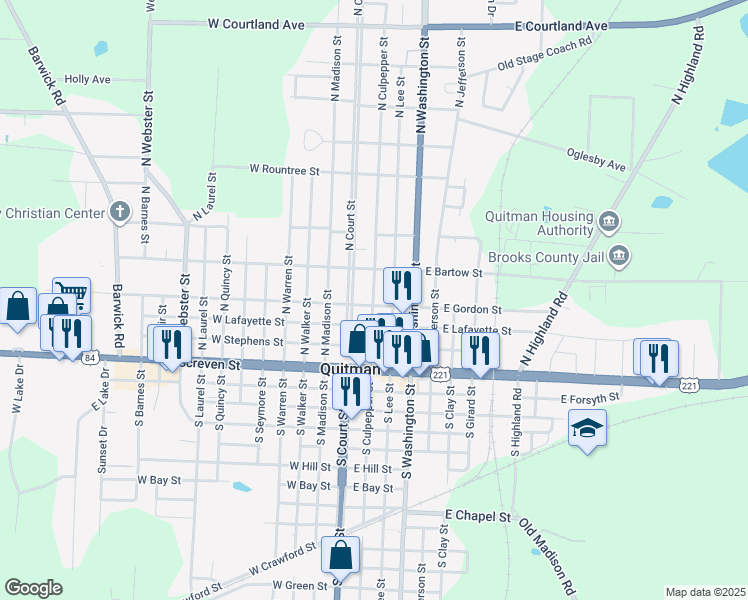 map of restaurants, bars, coffee shops, grocery stores, and more near 401 North Culpepper Street in Quitman