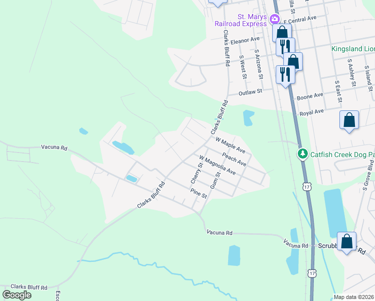 map of restaurants, bars, coffee shops, grocery stores, and more near 465 Clarks Bluff Road in Kingsland