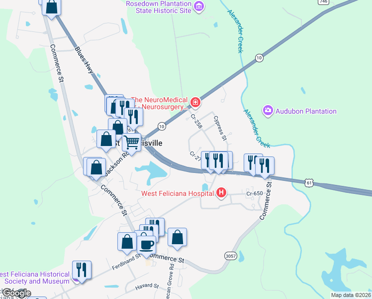 map of restaurants, bars, coffee shops, grocery stores, and more near 5227 Cr-277 in Saint Francisville