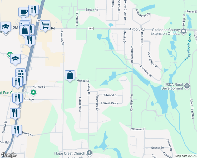 map of restaurants, bars, coffee shops, grocery stores, and more near 5711 Reinke Drive in Crestview