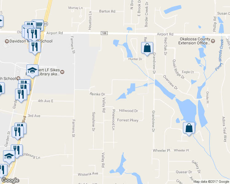 map of restaurants, bars, coffee shops, grocery stores, and more near 5711 Reinke Drive in Crestview