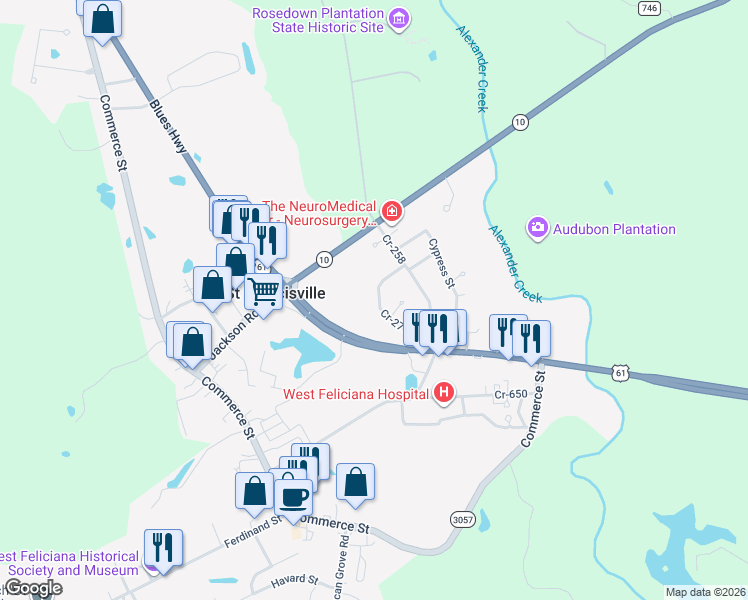 map of restaurants, bars, coffee shops, grocery stores, and more near 5227 Cr-277 in Saint Francisville