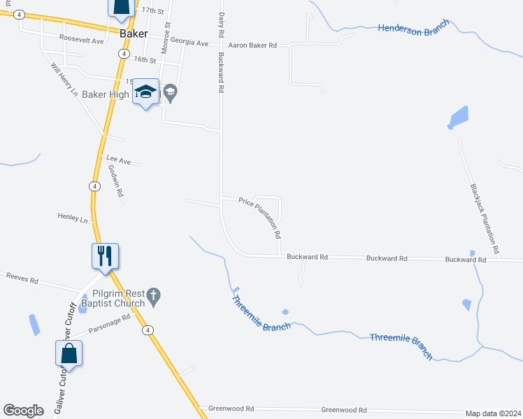 map of restaurants, bars, coffee shops, grocery stores, and more near 5616 Price Plantation Road in Baker