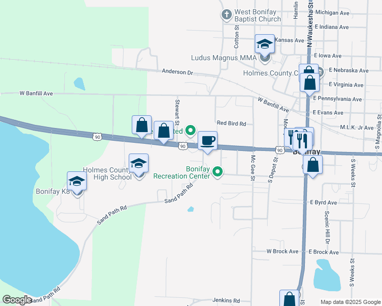 map of restaurants, bars, coffee shops, grocery stores, and more near 508 Edison Street in Bonifay