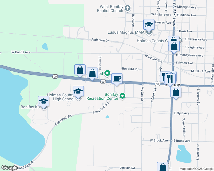 map of restaurants, bars, coffee shops, grocery stores, and more near 508 Edison Street in Bonifay