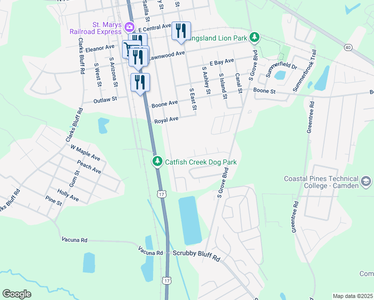 map of restaurants, bars, coffee shops, grocery stores, and more near 105 Longleaf Court in Kingsland