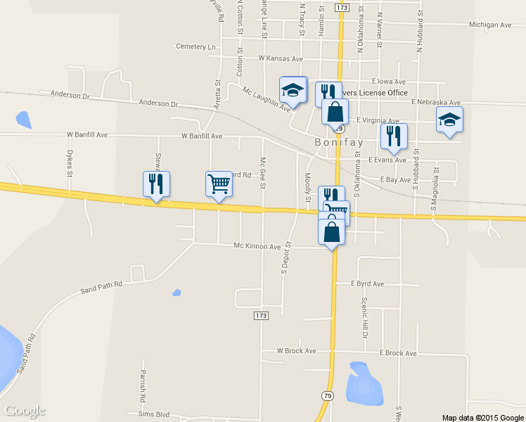 map of restaurants, bars, coffee shops, grocery stores, and more near County Road 10 in Bonifay