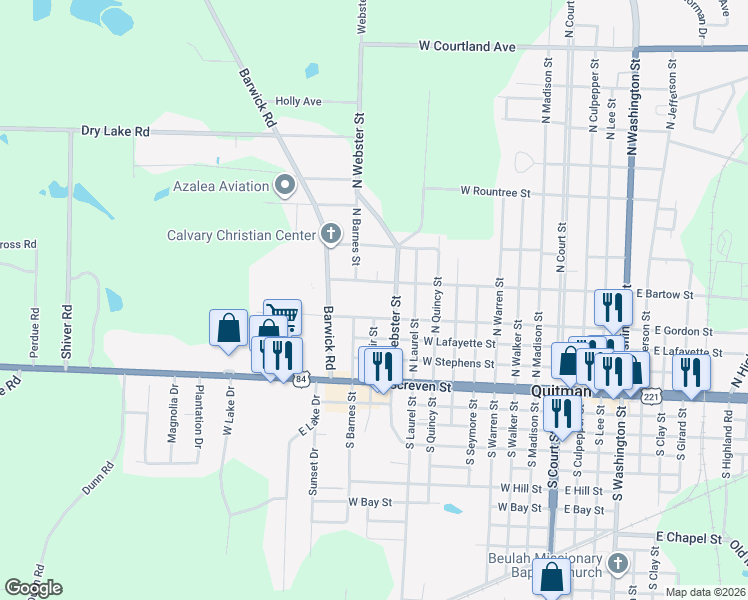map of restaurants, bars, coffee shops, grocery stores, and more near 1099 West Bartow Street in Quitman