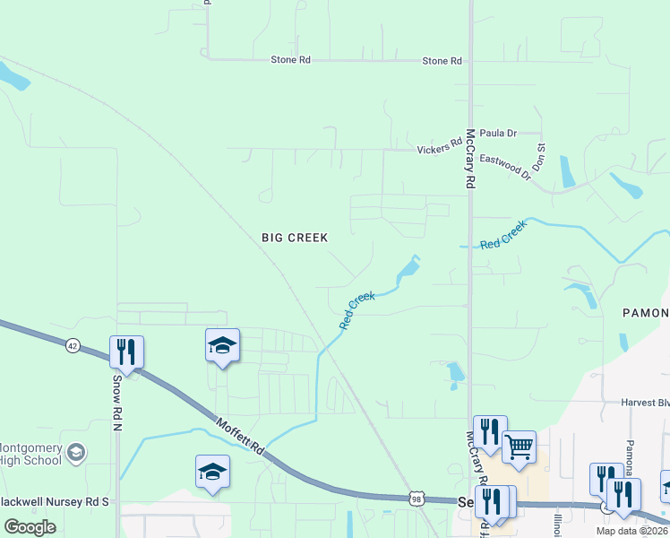 map of restaurants, bars, coffee shops, grocery stores, and more near 9476 Lake Woods Court in Semmes