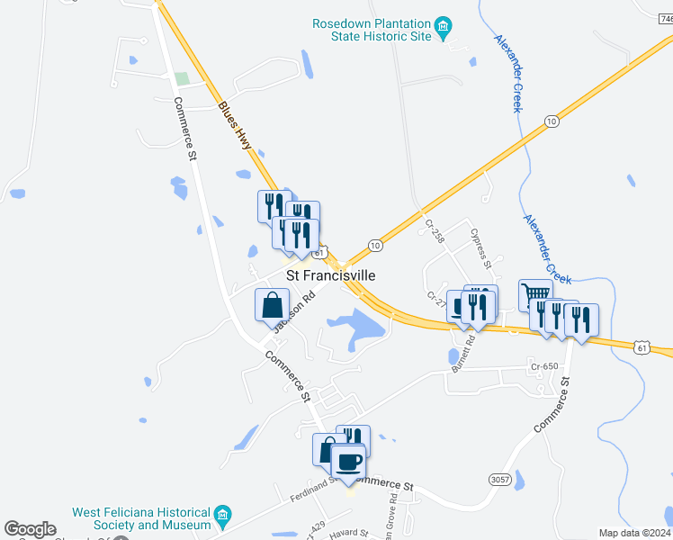 map of restaurants, bars, coffee shops, grocery stores, and more near U.S. 61 in Saint Francisville