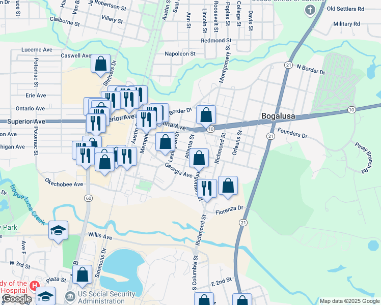 map of restaurants, bars, coffee shops, grocery stores, and more near 517 Mississippi Avenue in Bogalusa