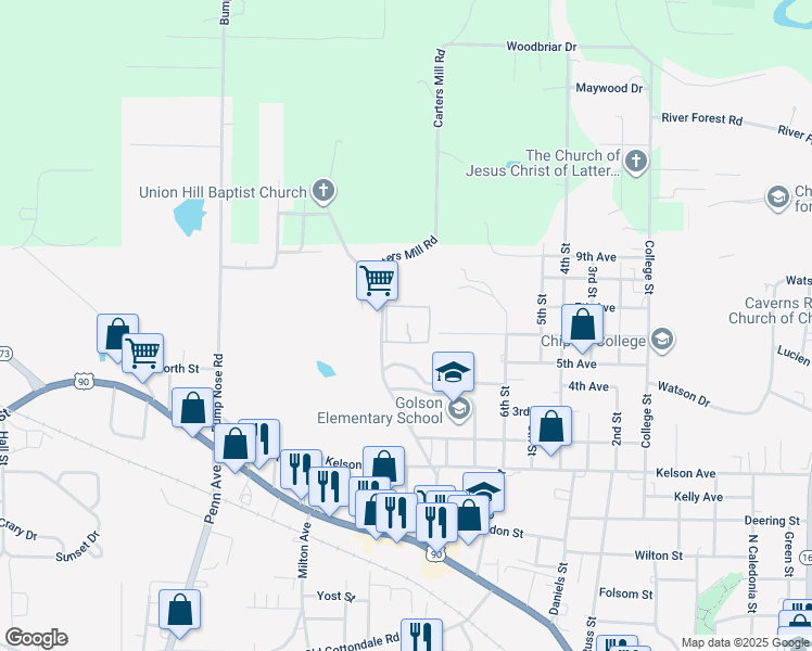 map of restaurants, bars, coffee shops, grocery stores, and more near 3070 Carters Mill Road in Marianna