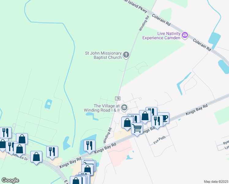 map of restaurants, bars, coffee shops, grocery stores, and more near Winding Road in Kingsland