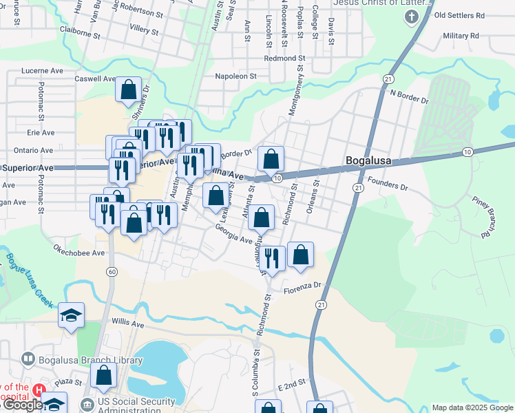map of restaurants, bars, coffee shops, grocery stores, and more near 517 Mississippi Avenue in Bogalusa