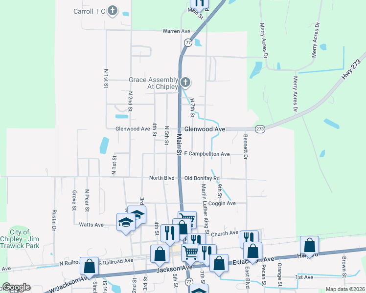 map of restaurants, bars, coffee shops, grocery stores, and more near 641-699 County Road 273 in Chipley