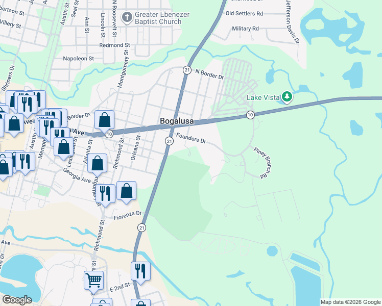 map of restaurants, bars, coffee shops, grocery stores, and more near 1126 Founders Drive in Bogalusa