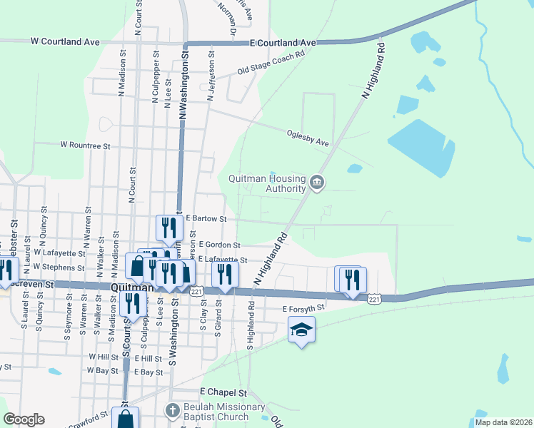 map of restaurants, bars, coffee shops, grocery stores, and more near 817 Fender Lane in Quitman