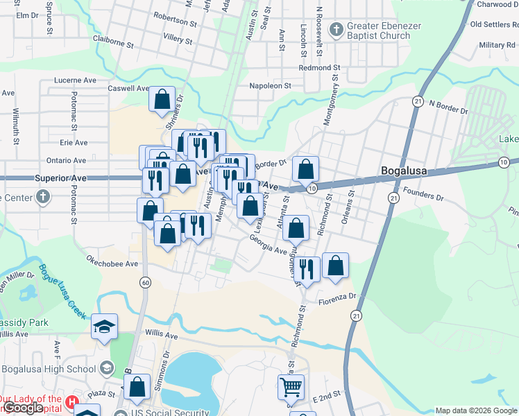 map of restaurants, bars, coffee shops, grocery stores, and more near 329 Mississippi Avenue in Bogalusa
