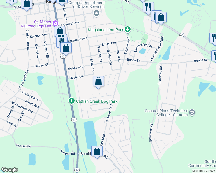 map of restaurants, bars, coffee shops, grocery stores, and more near 125 Royal Circle in Kingsland
