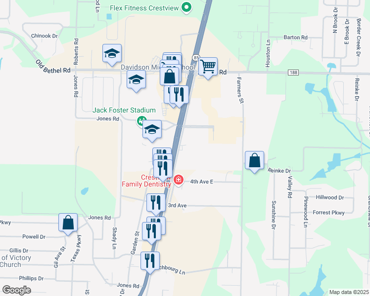 map of restaurants, bars, coffee shops, grocery stores, and more near 1299 Industrial Drive in Crestview