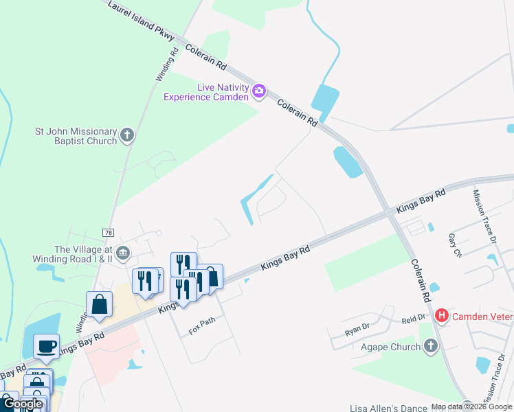 map of restaurants, bars, coffee shops, grocery stores, and more near 120 Sapalo Drive in Kingsland