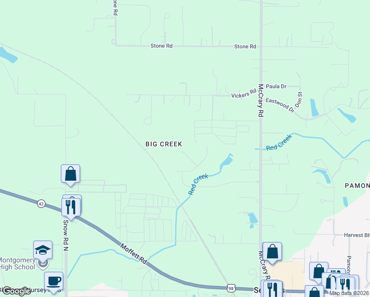 map of restaurants, bars, coffee shops, grocery stores, and more near 9476 Lake Woods Court in Semmes