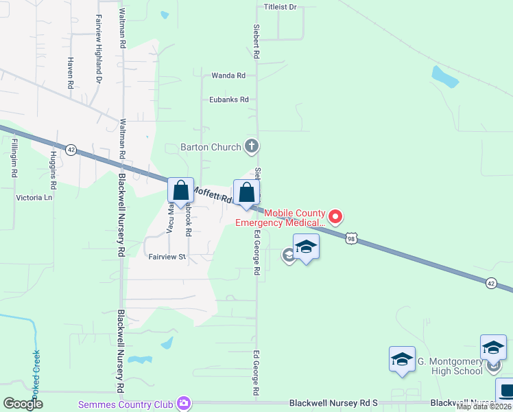 map of restaurants, bars, coffee shops, grocery stores, and more near 10601 Moffett Road in Wilmer