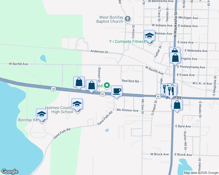 map of restaurants, bars, coffee shops, grocery stores, and more near 704 U.S. 90 in Bonifay