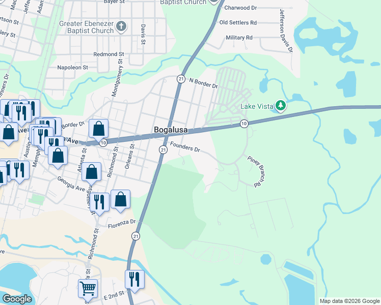 map of restaurants, bars, coffee shops, grocery stores, and more near 1126 Founders Drive in Bogalusa