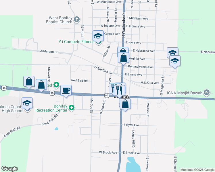 map of restaurants, bars, coffee shops, grocery stores, and more near 312 South Depot Street in Bonifay