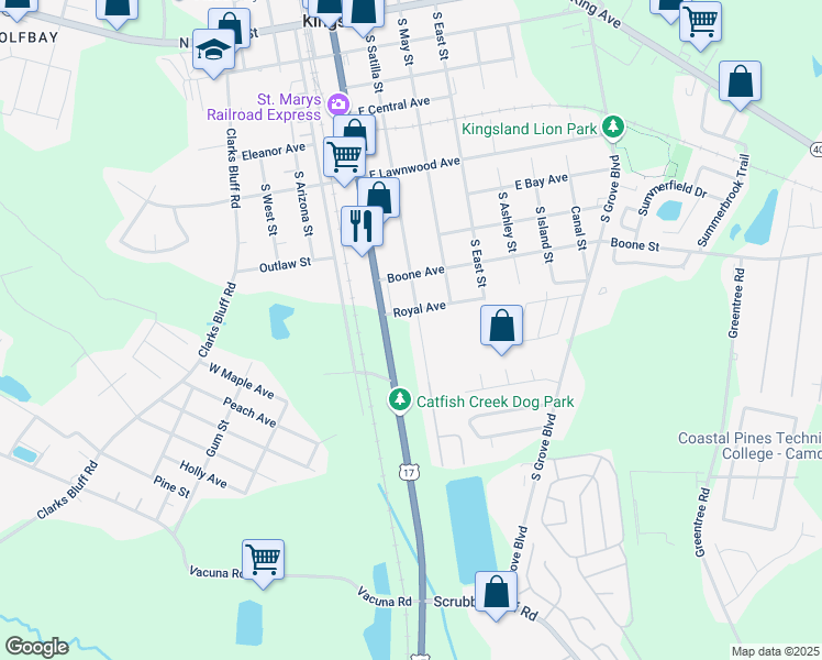 map of restaurants, bars, coffee shops, grocery stores, and more near 812 South Satilla Street in Kingsland