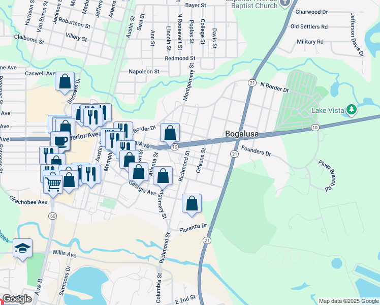 map of restaurants, bars, coffee shops, grocery stores, and more near 708 Carolina Avenue in Bogalusa