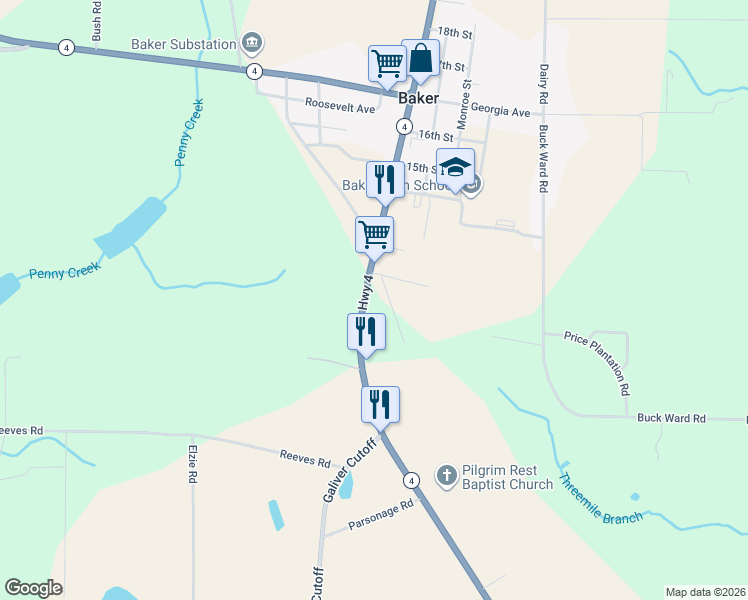 map of restaurants, bars, coffee shops, grocery stores, and more near 5687 Florida 4 in Baker