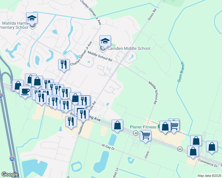 map of restaurants, bars, coffee shops, grocery stores, and more near 145 Gross Road in Kingsland