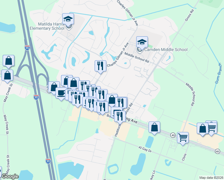 map of restaurants, bars, coffee shops, grocery stores, and more near 200 Royal Palms Avenue in Kingsland