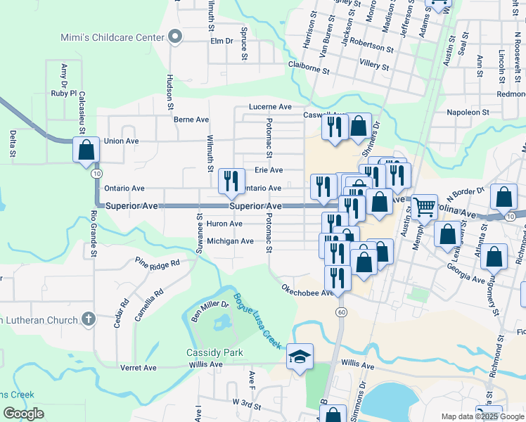 map of restaurants, bars, coffee shops, grocery stores, and more near 604 Superior Avenue in Bogalusa