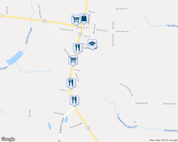 map of restaurants, bars, coffee shops, grocery stores, and more near 1346 Lee Avenue in Baker