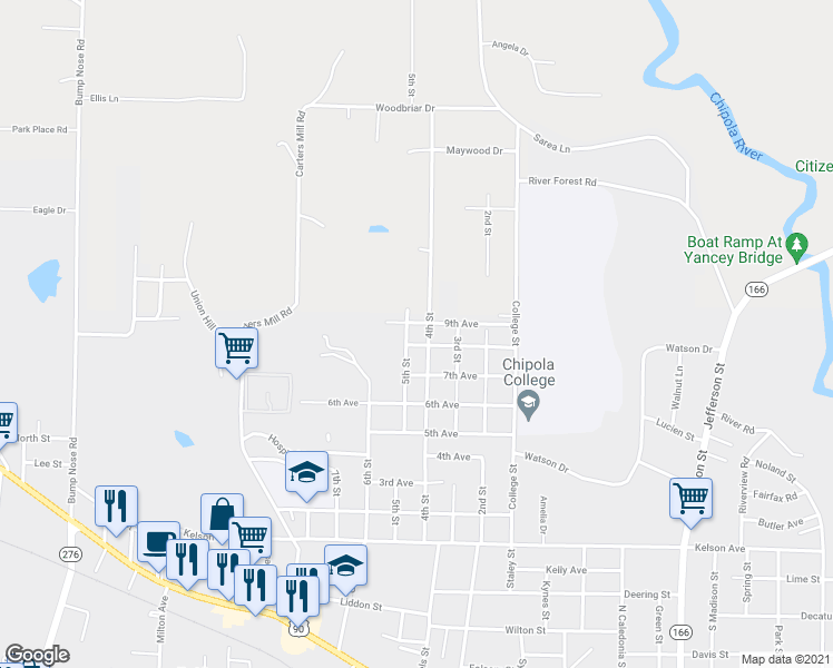 map of restaurants, bars, coffee shops, grocery stores, and more near 3095 4th Street in Marianna